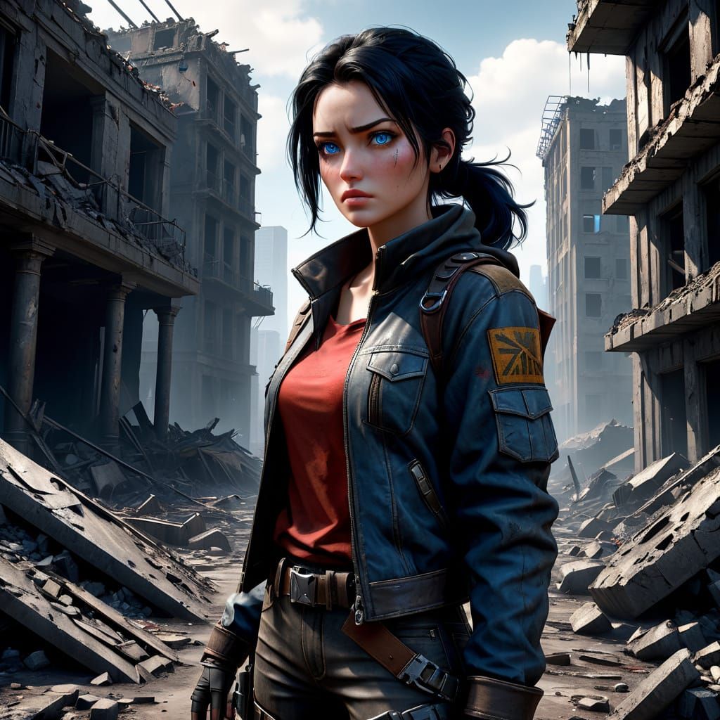 Post-Apocalyptic Woman in Ruined Cityscape