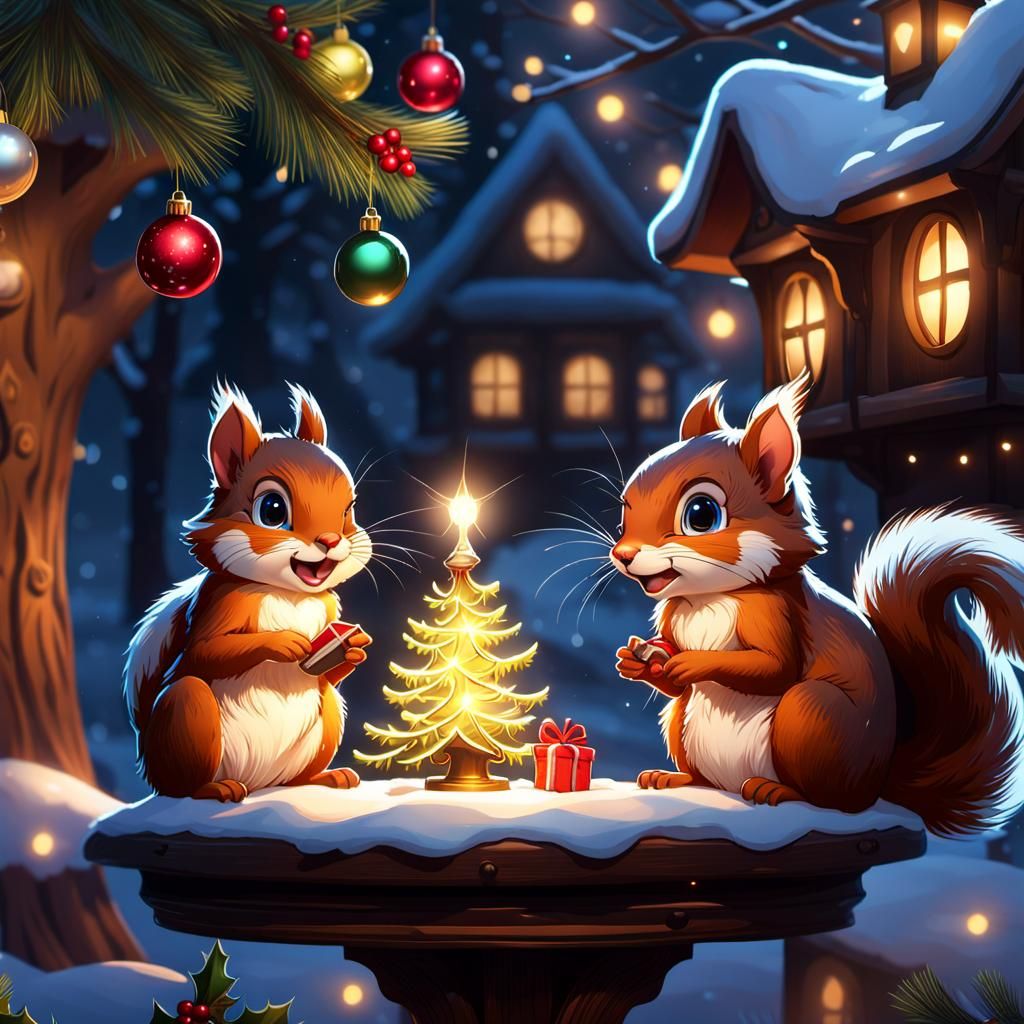 Squirrels Singing Christmas Carol, Detailed Digital Art