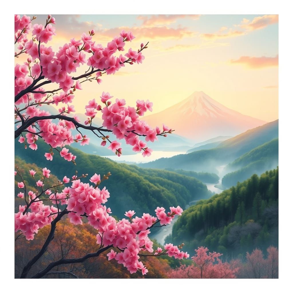Ethereal Japanese Landscape at Dawn with Vibrant Sakura
