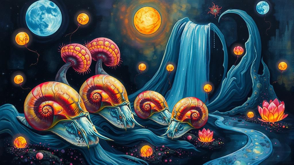 Bioluminescent Snails in Surreal Waterfall: Dark Fantasy Art