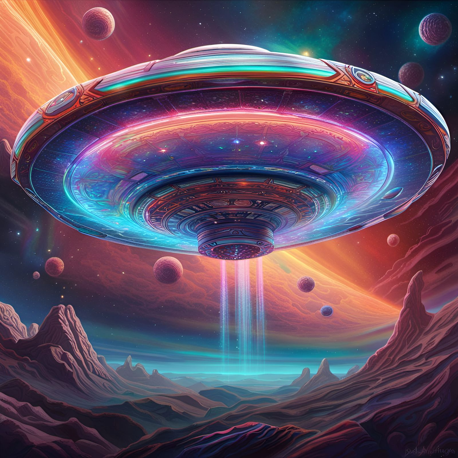 Astral Flying Saucer in Holographic Illustration