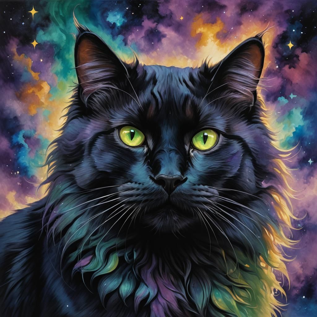 Majestic Black Cat in Cosmic Twilight Sky