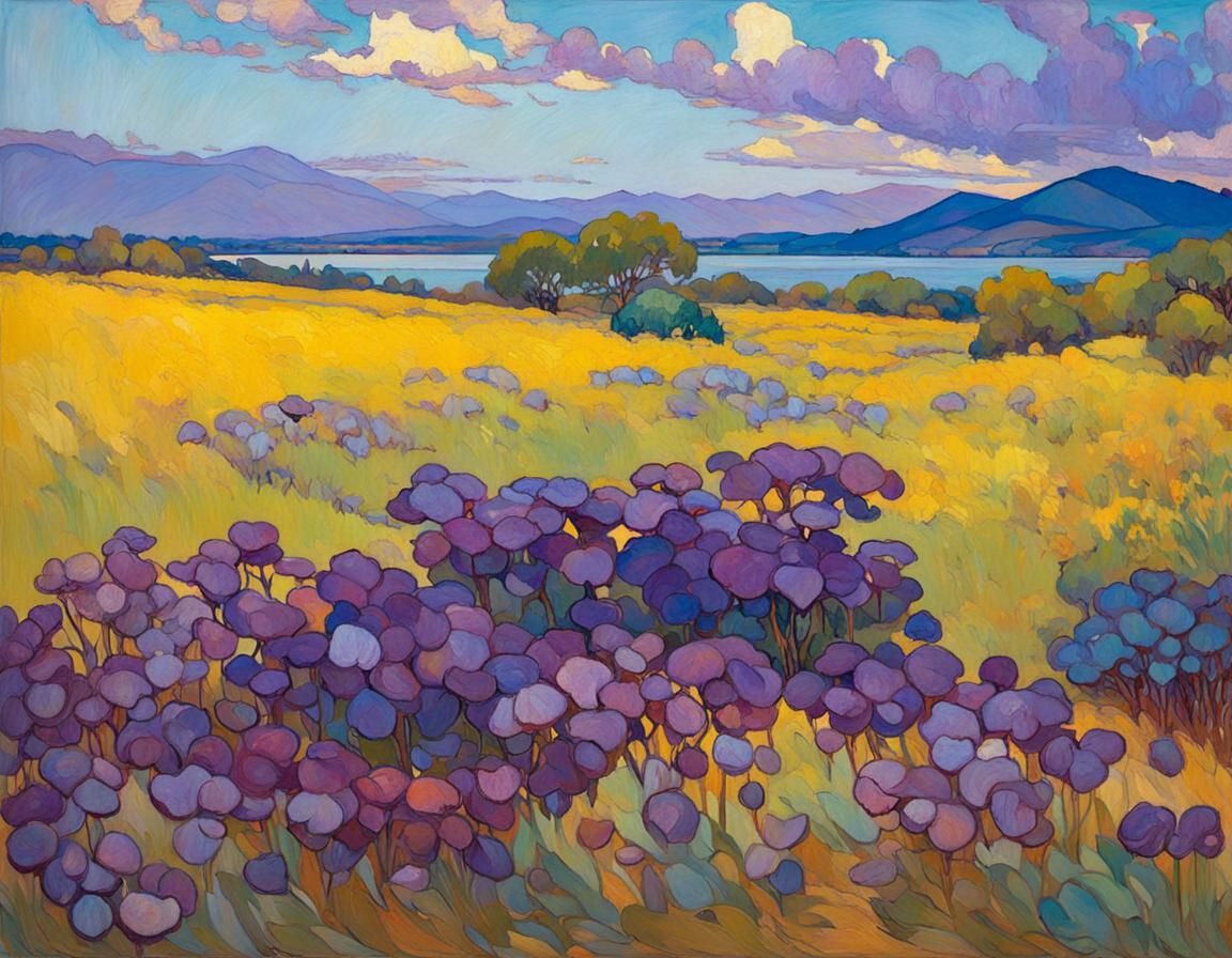 Vibrant Landscape in Stained Glass and Impasto Style