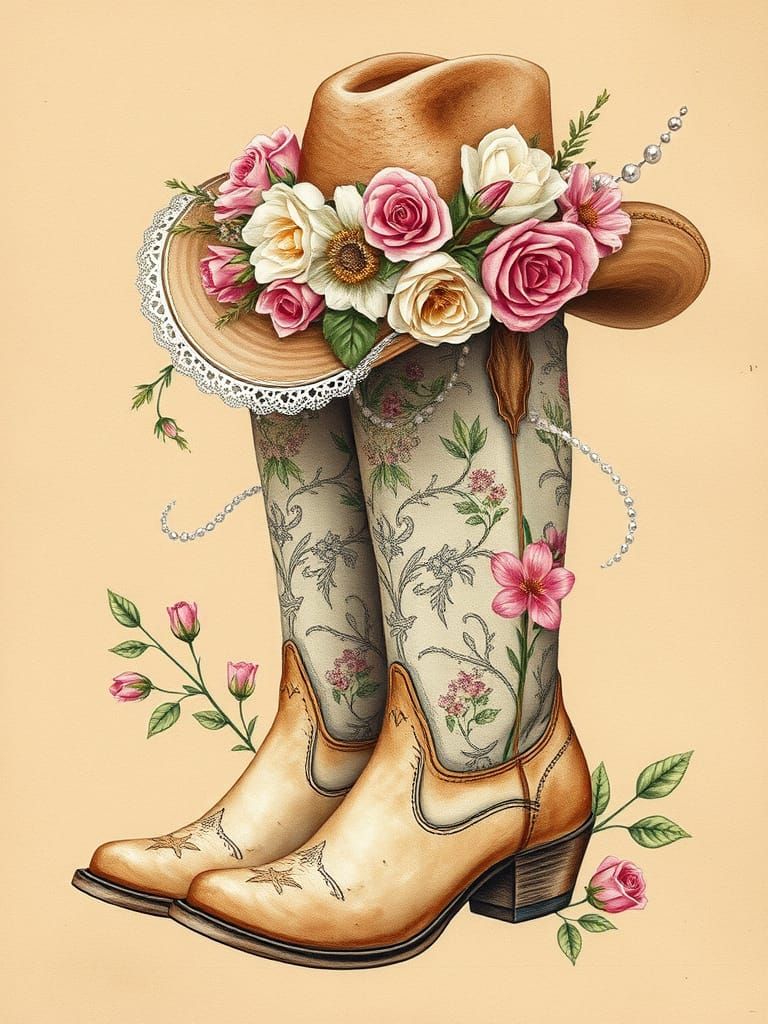 Vintage Cowgirl Boots and Hat Watercolor