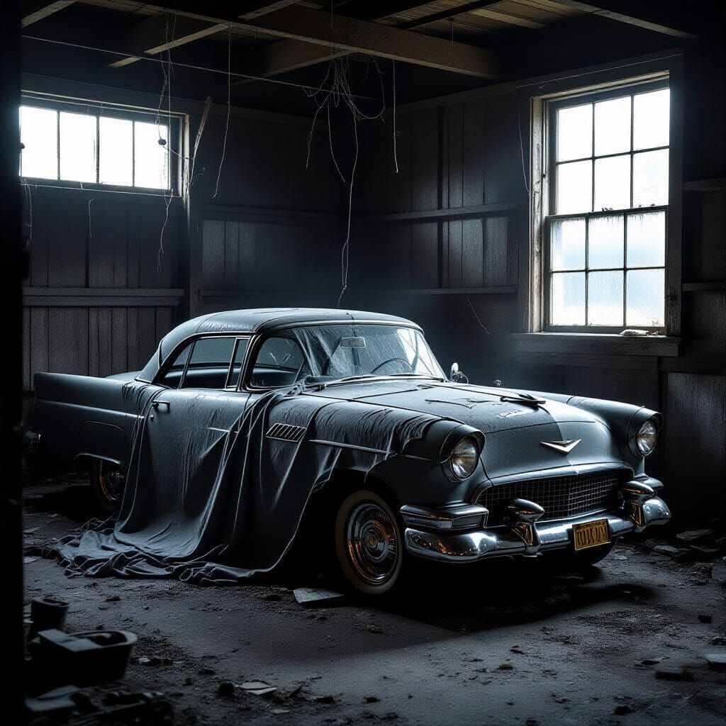 Vintage Car in Abandoned Garage Cinematic Style