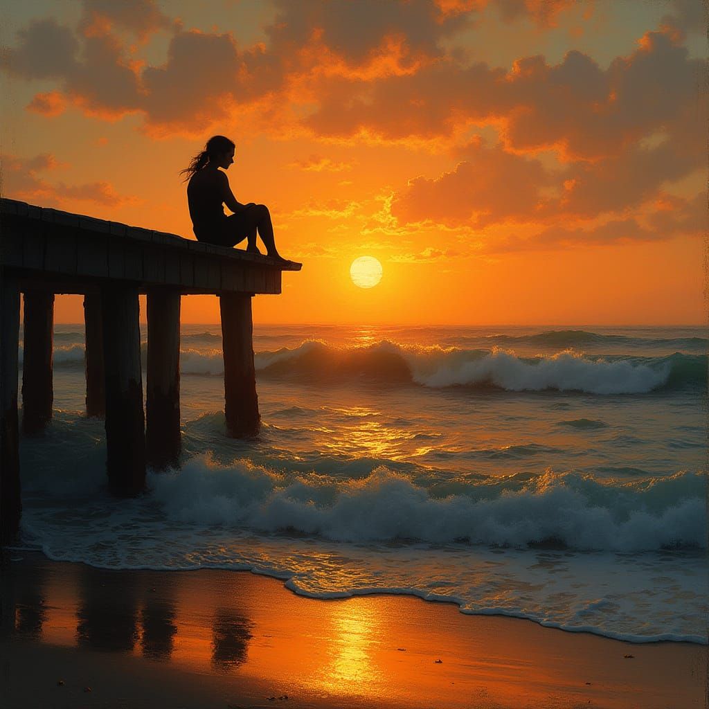 Person Silhouetted on Pier Watching Vibrant Ocean Sunset