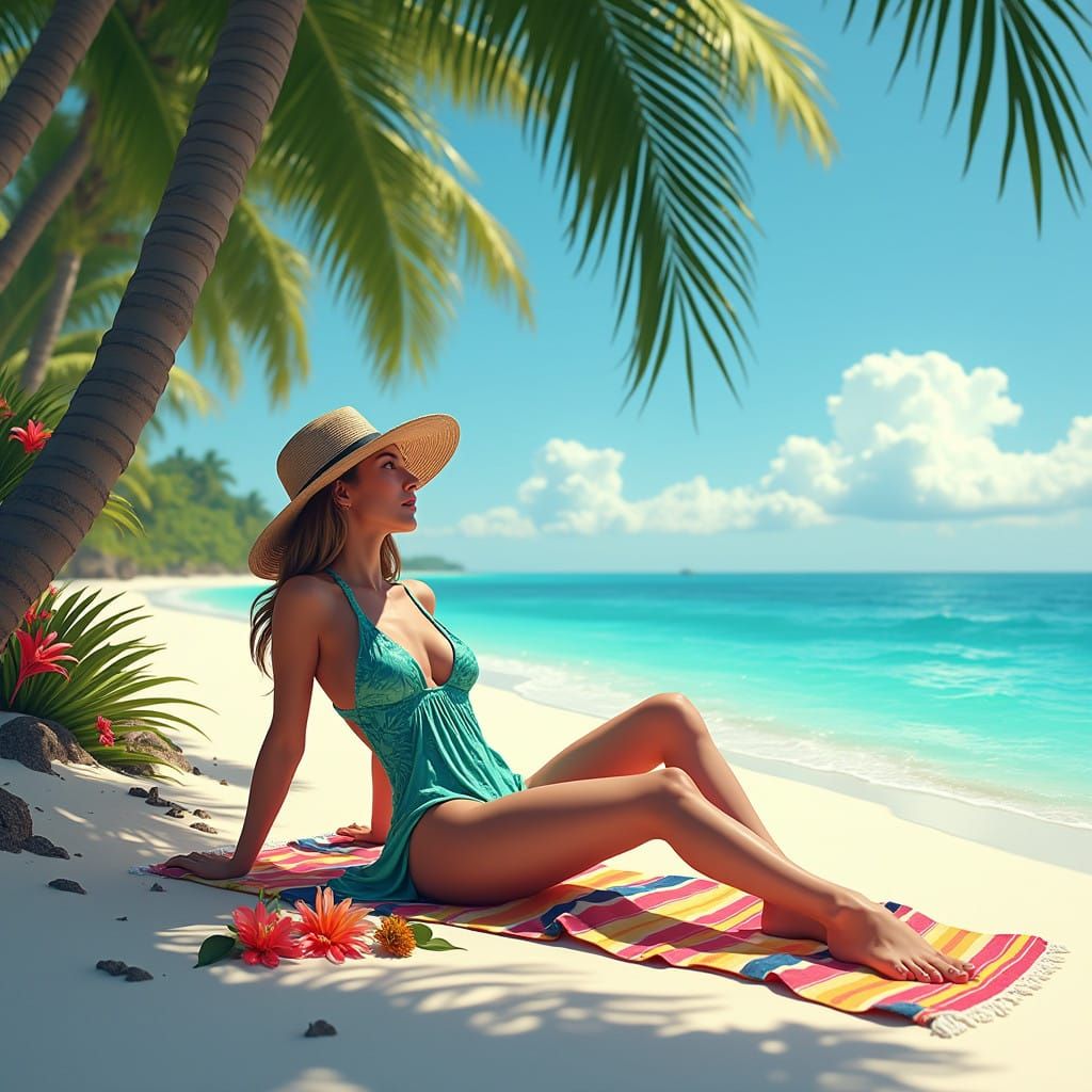 Serene Tropical Goddess in Dreamy Beach Scene