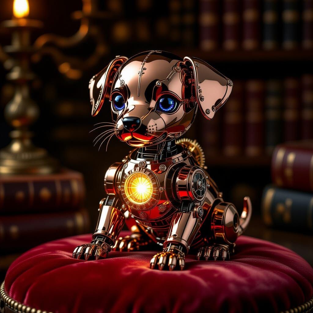 Polished Copper Mechanical Puppy on Velvet Cushion