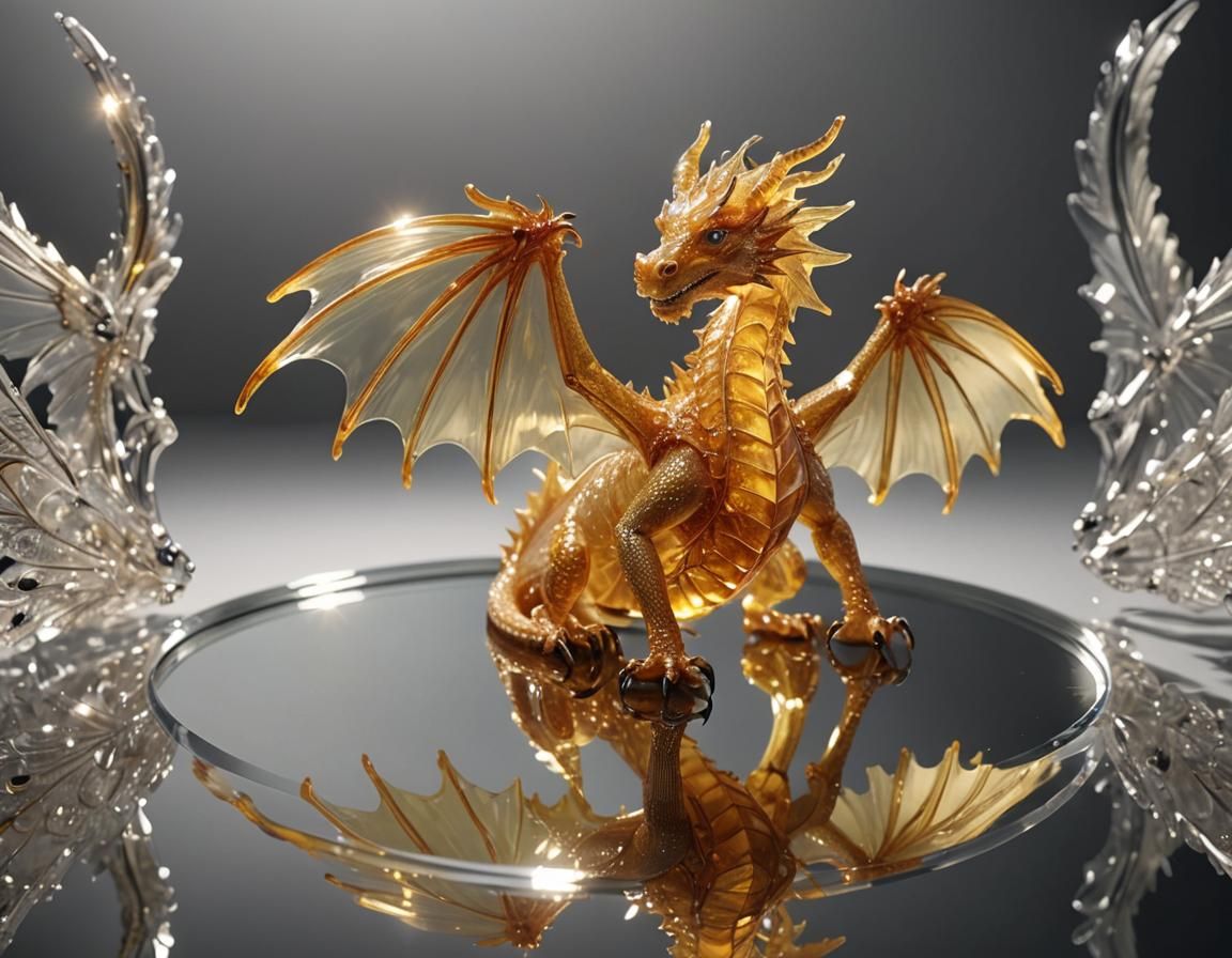 Transparent Citrine Dragon Figurine on Mirror in Digital Art
