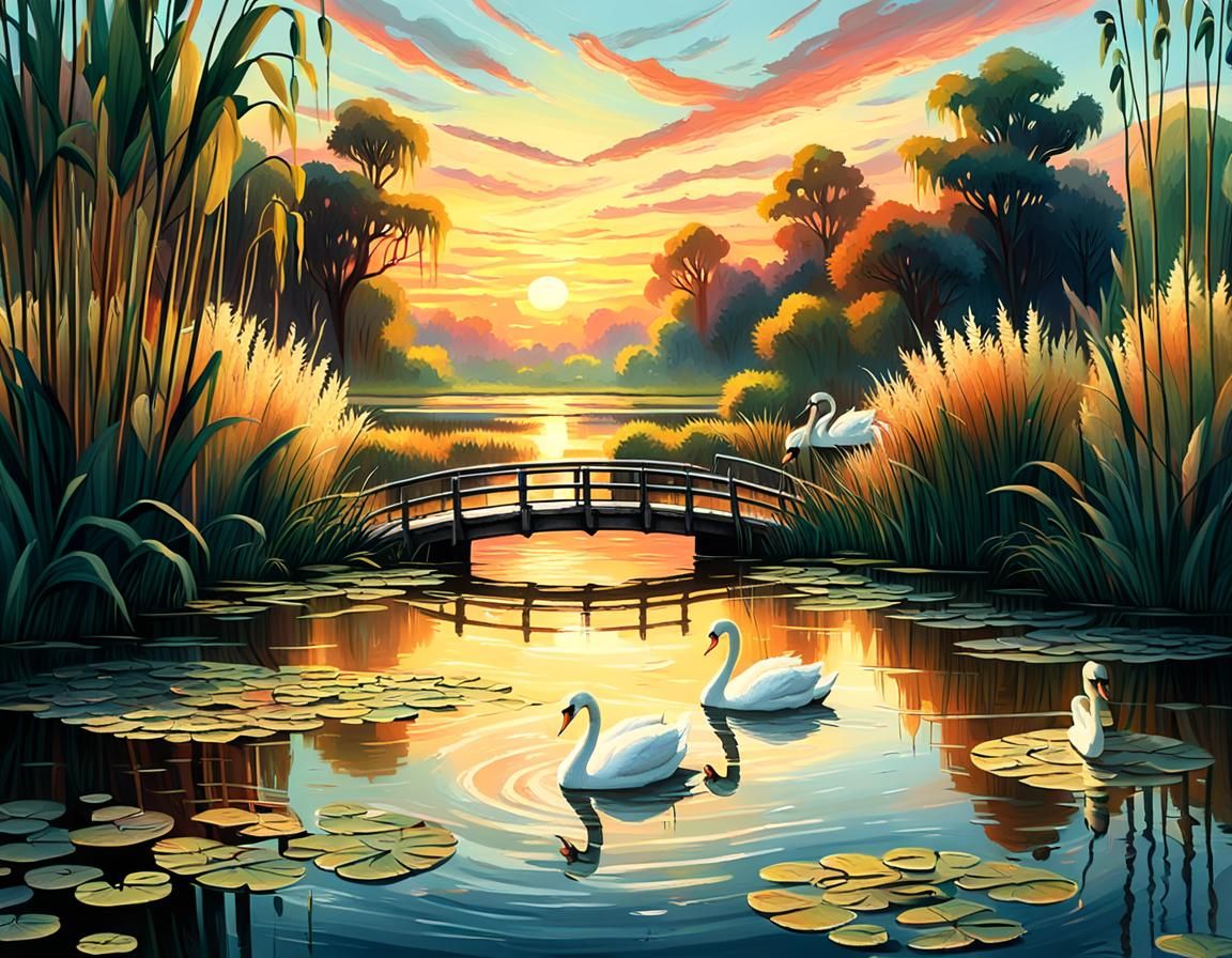 Old Wooden Bridge Over Pond in Impressionist Style