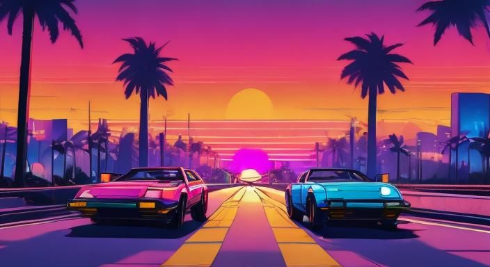 Synthwave Cityscape at Sunset with Sports Car