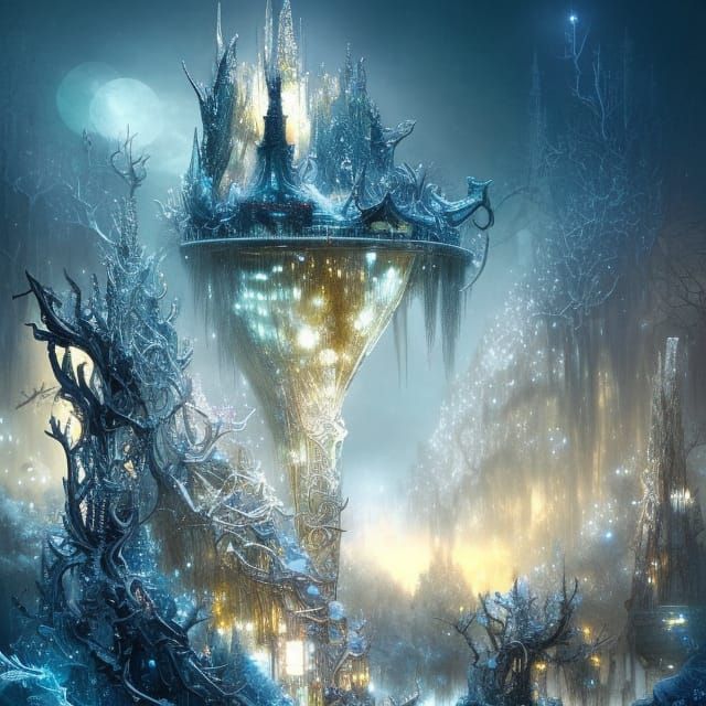 Dendritic Fractal Glitter Tree Under Astral Lights