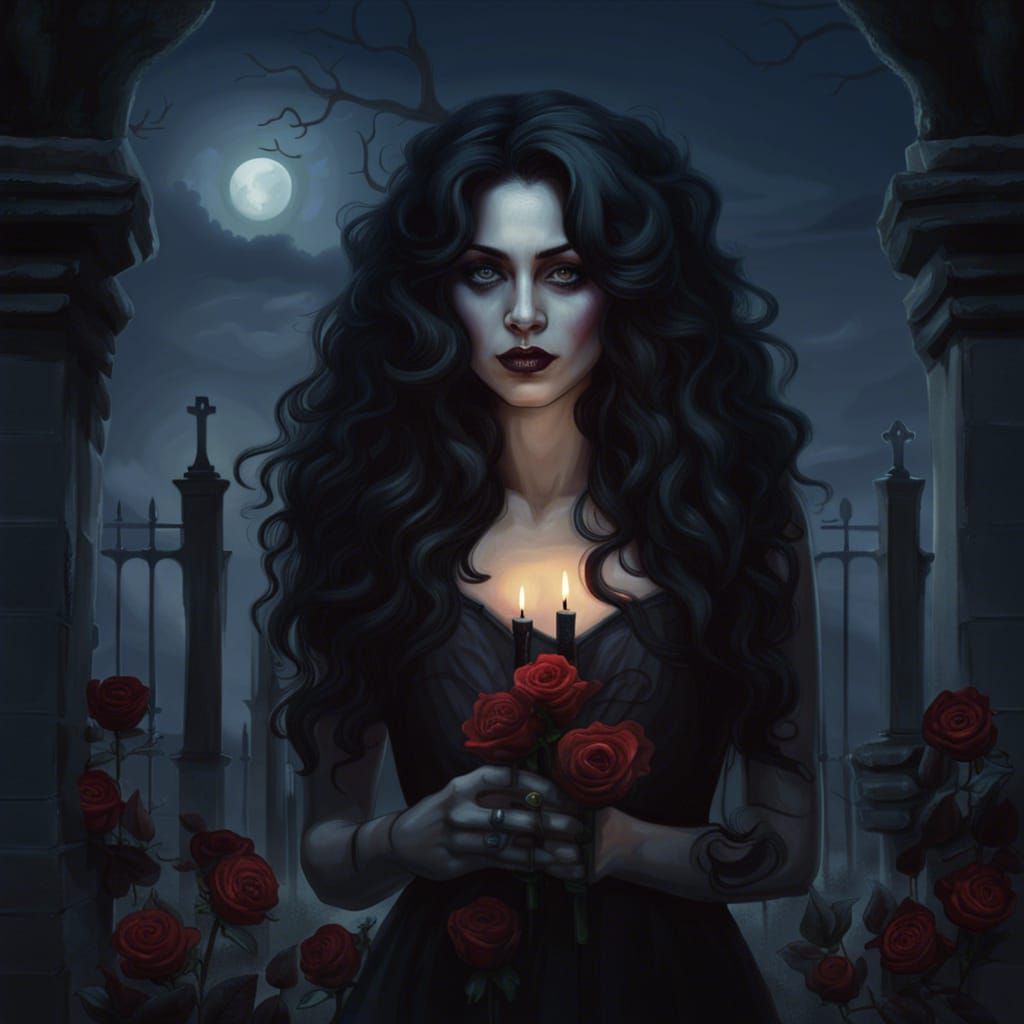 Gothic Woman with Roses in Cemetery