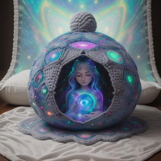Crocheted Home with Galaxy Mandala, Holographic Illustration