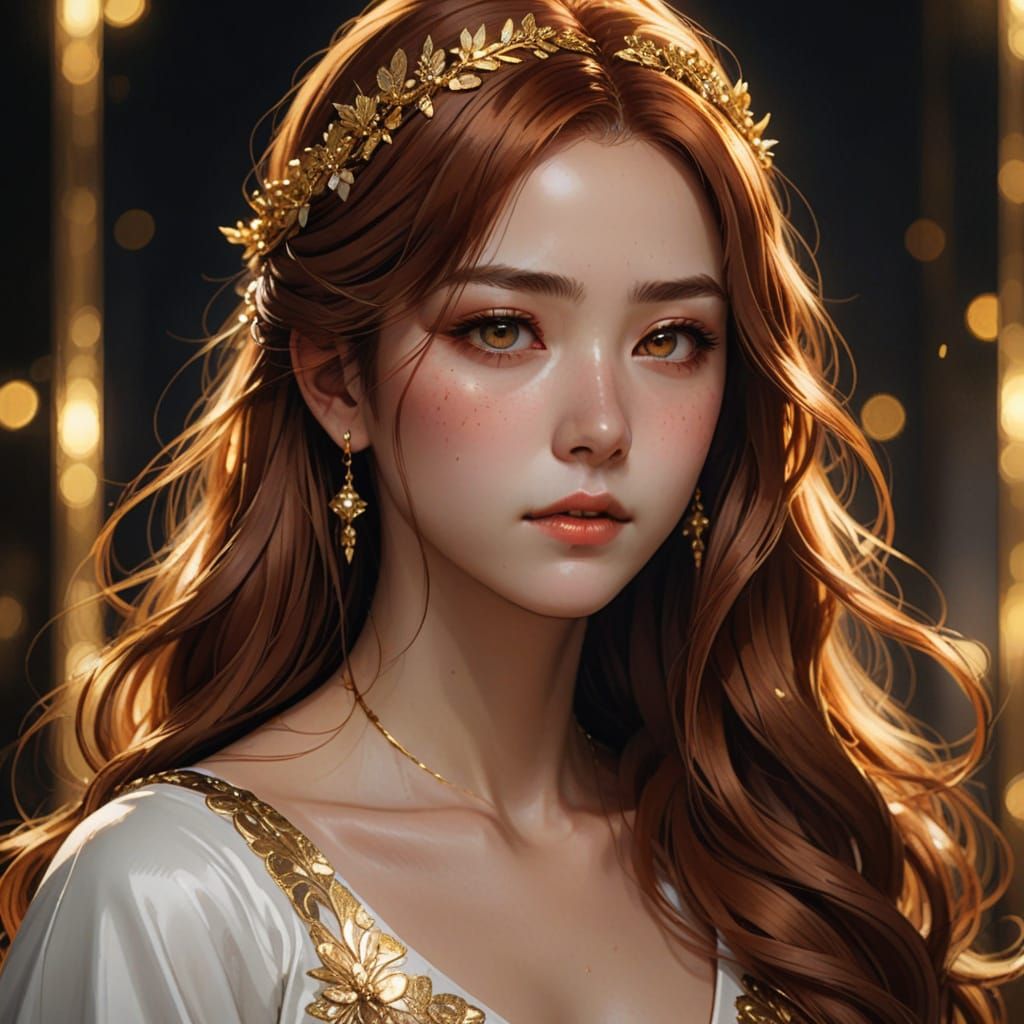 Auburn-Haired Woman in White Gown, Anime Style