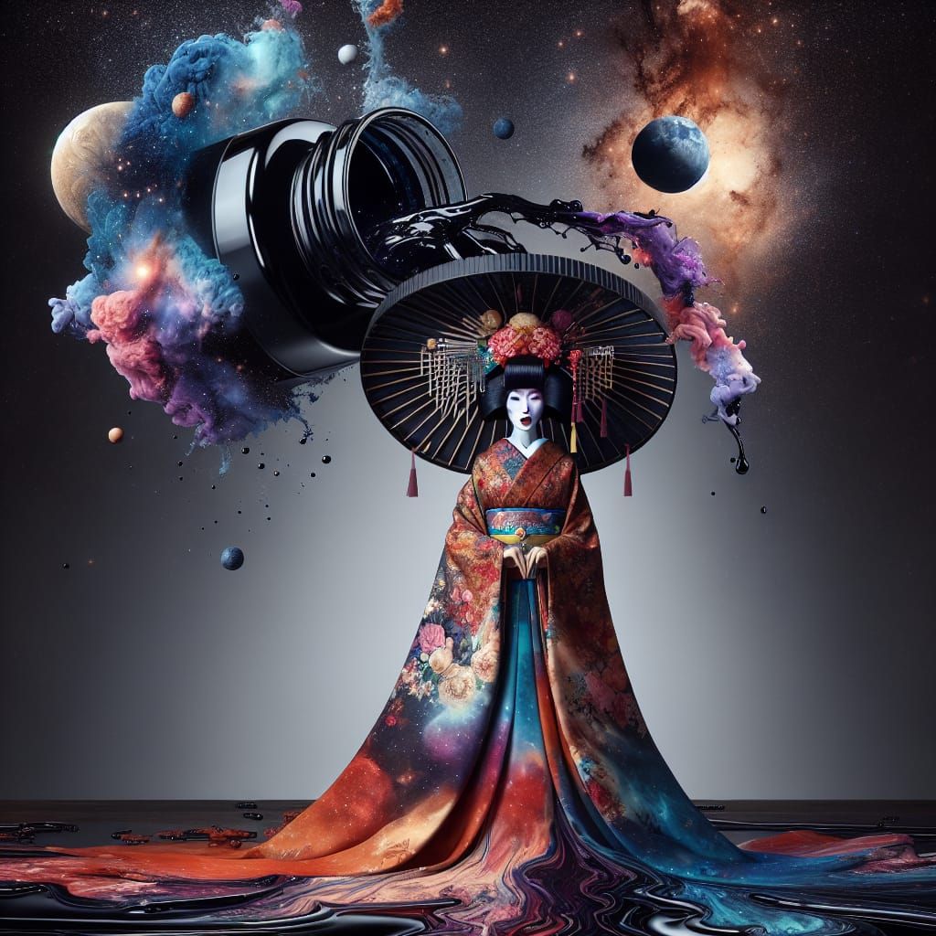 Surreal Geisha Portrait with Celestial Ink Bottle Hat
