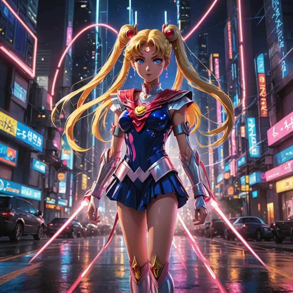 Sailor Moon in Futuristic Cityscape with Neon Arrow Traps