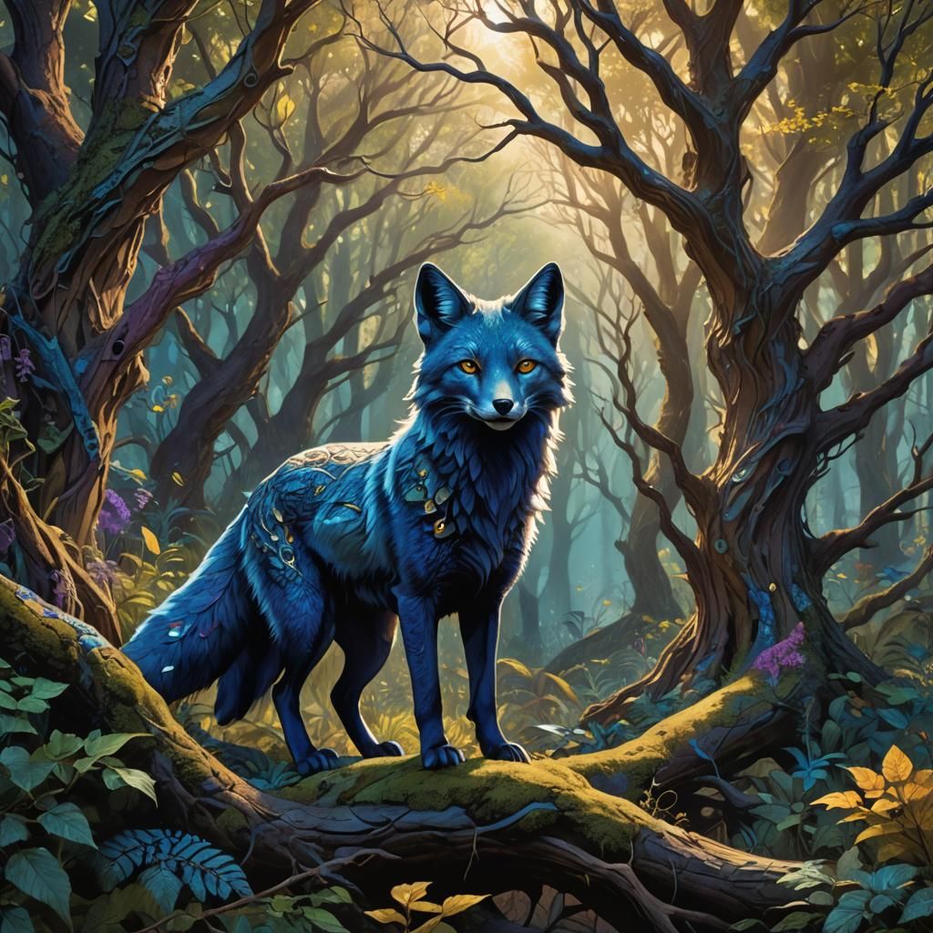 Blue Fox in Mystical Forest Concept Art