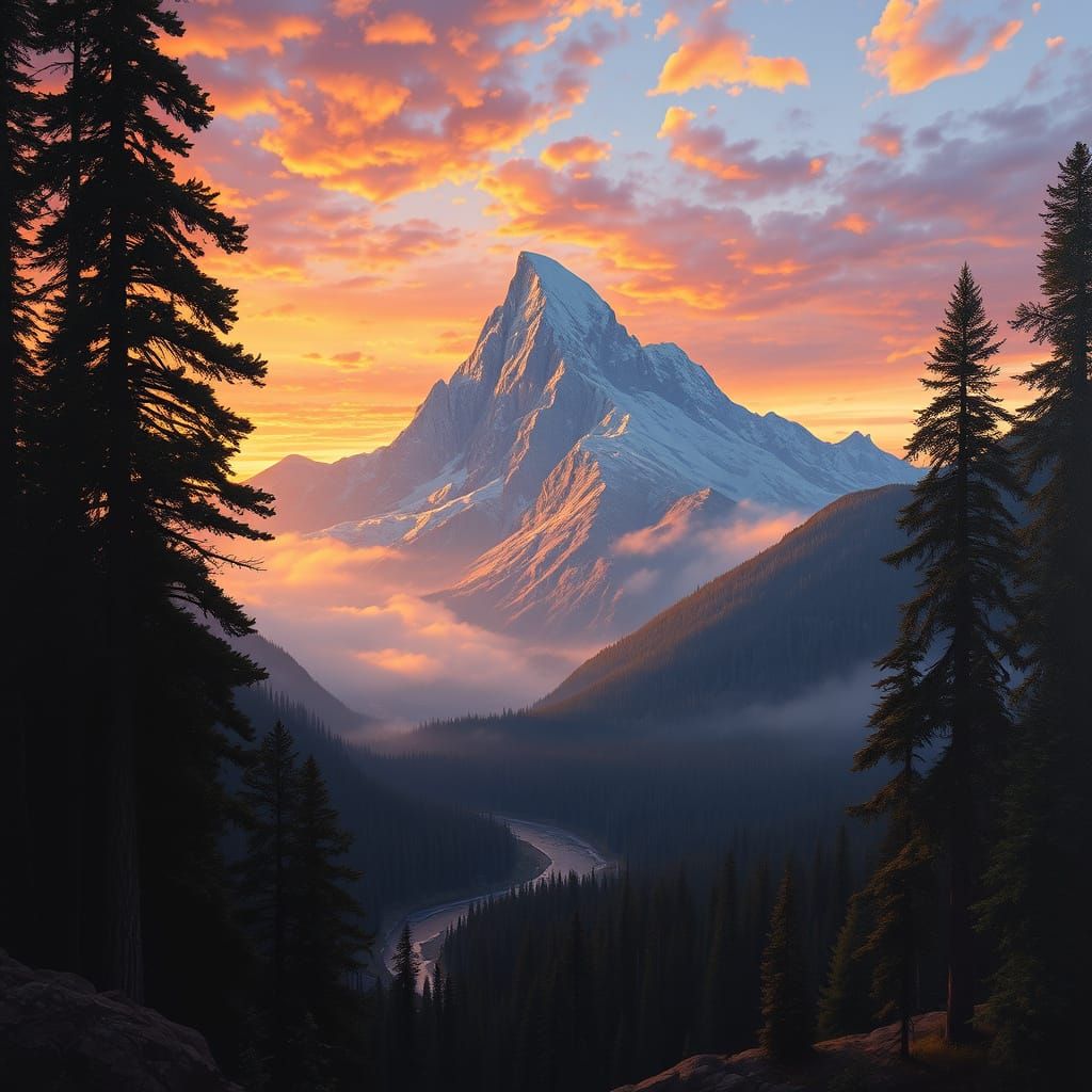Majestic Mountain Range at Sunset Oil Painting