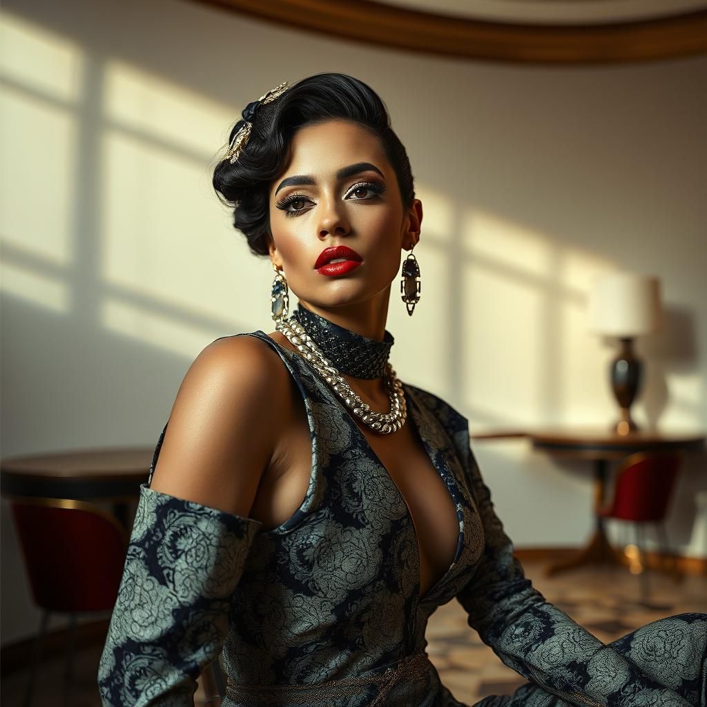 Deco Fashion Model in Luxurious Studio, Hyperrealistic Photo...