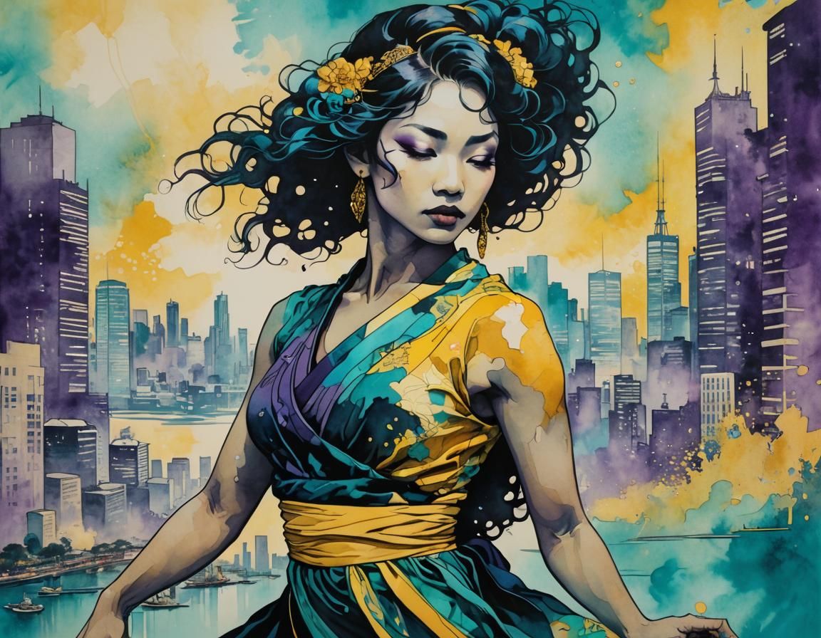 Latina Dancer Silhouette in Cityscape Alcohol Ink