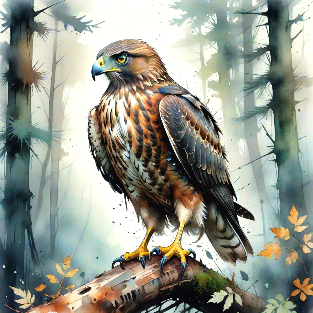 Hawk Poised for Flight in Forest Clearing