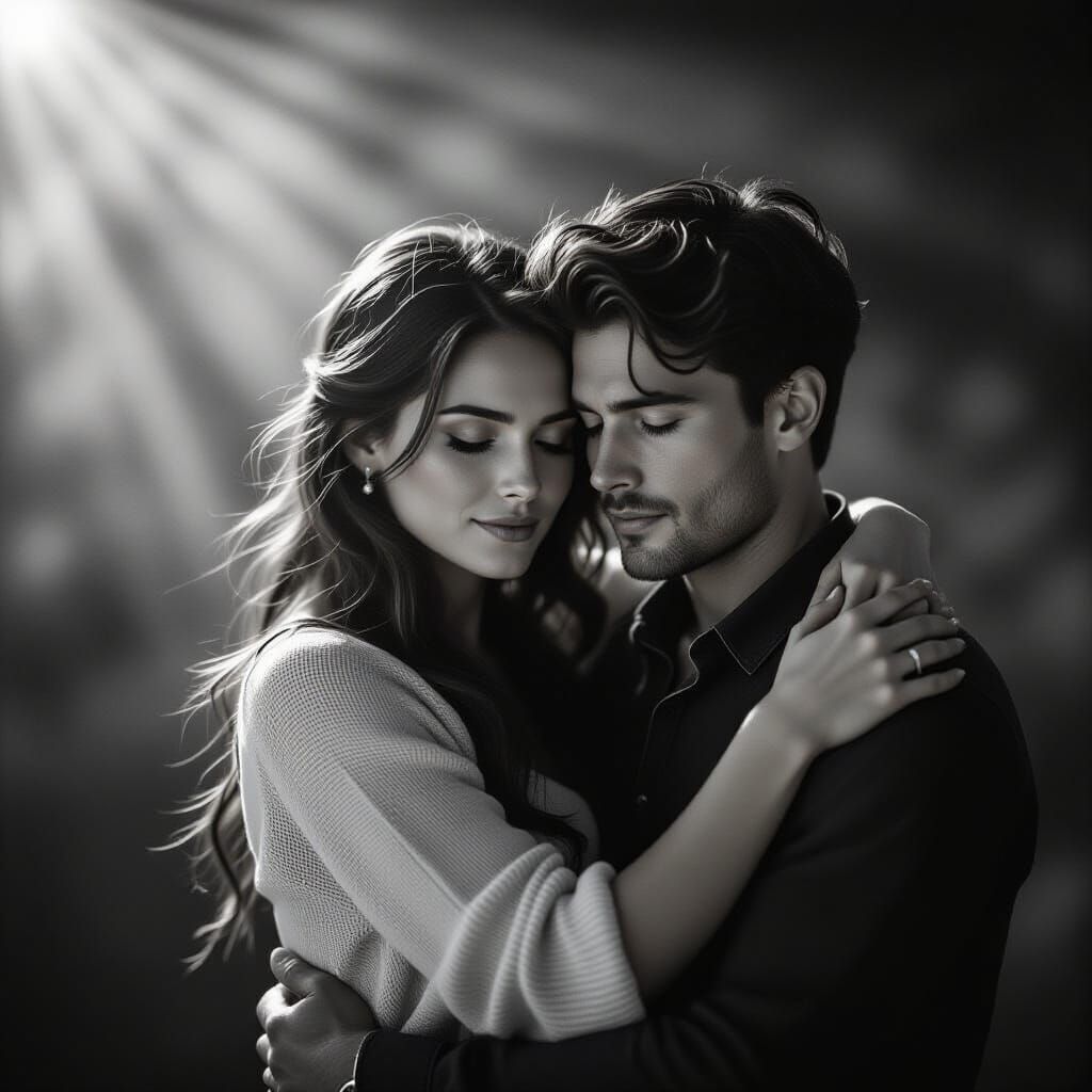 Tender Embrace: Dreamlike Black and White Couple Portrait