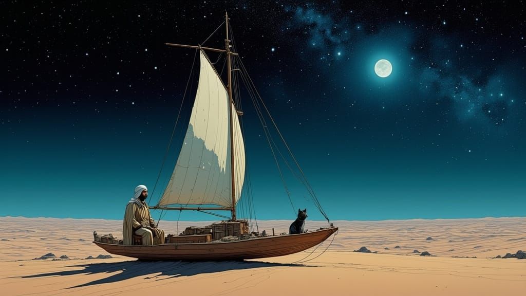 Persian Air-Skiff Sailing in a Moebius-Inspired Desert