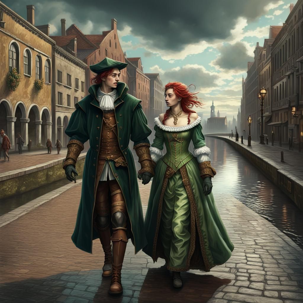 Renaissance Couple Stroll Through Dark Fantasy City