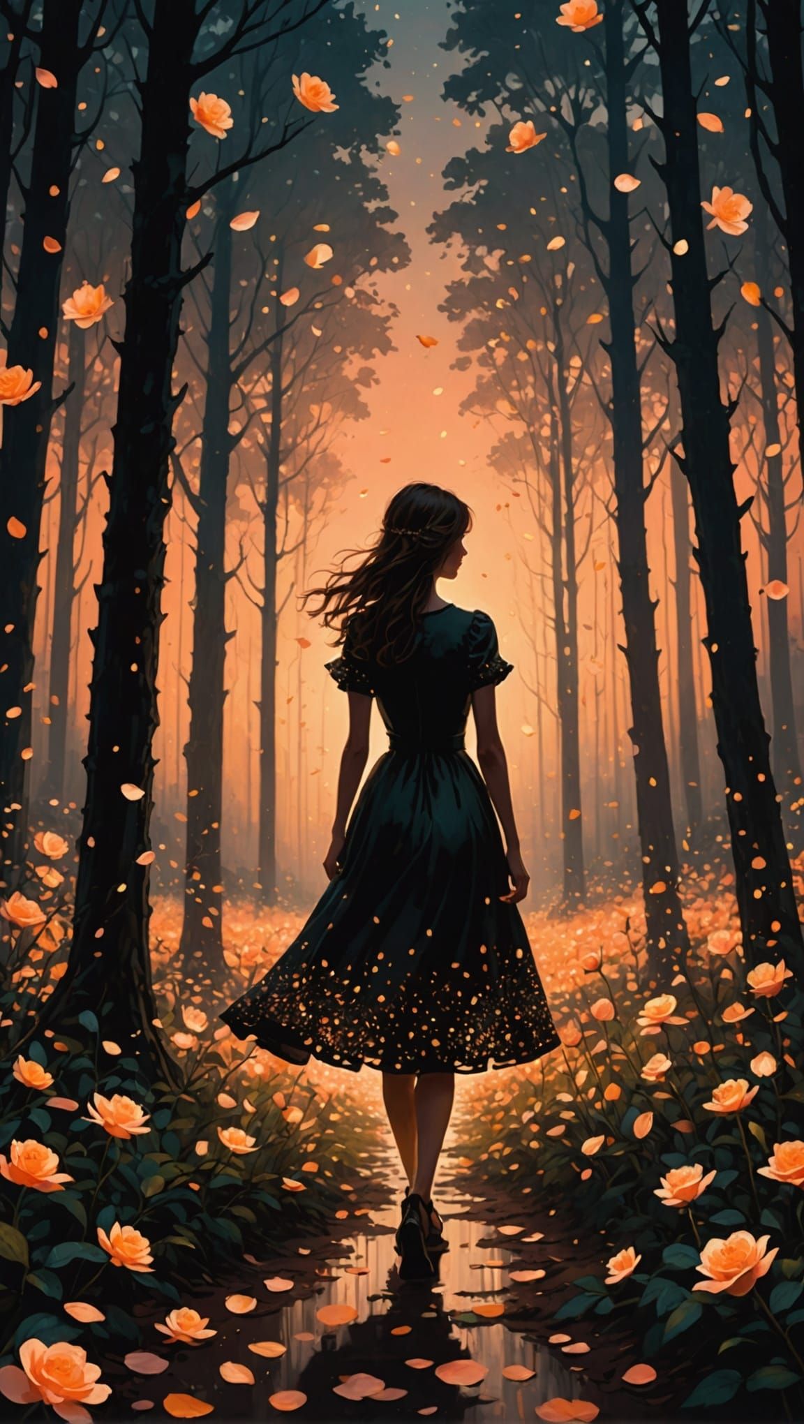 Dreamy Forest Silhouette with Peach Petals
