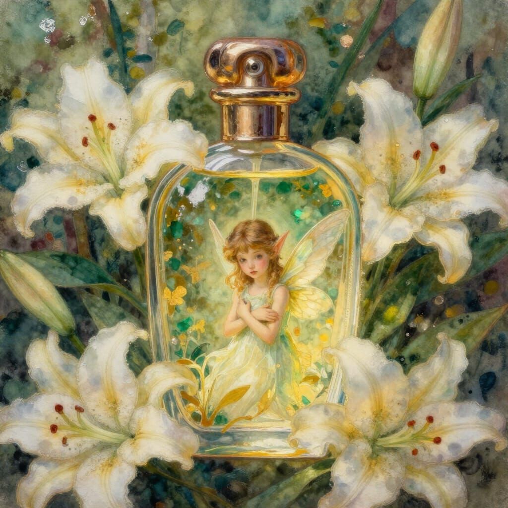 Vintage Perfume Bottle with Fairy Elf, Watercolor Painting