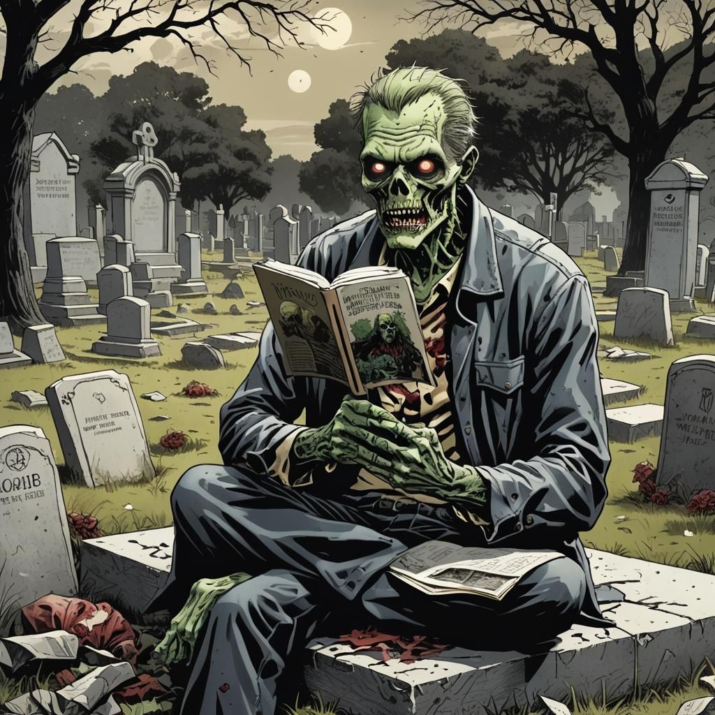 Zombie Reading Comic Book in Graveyard