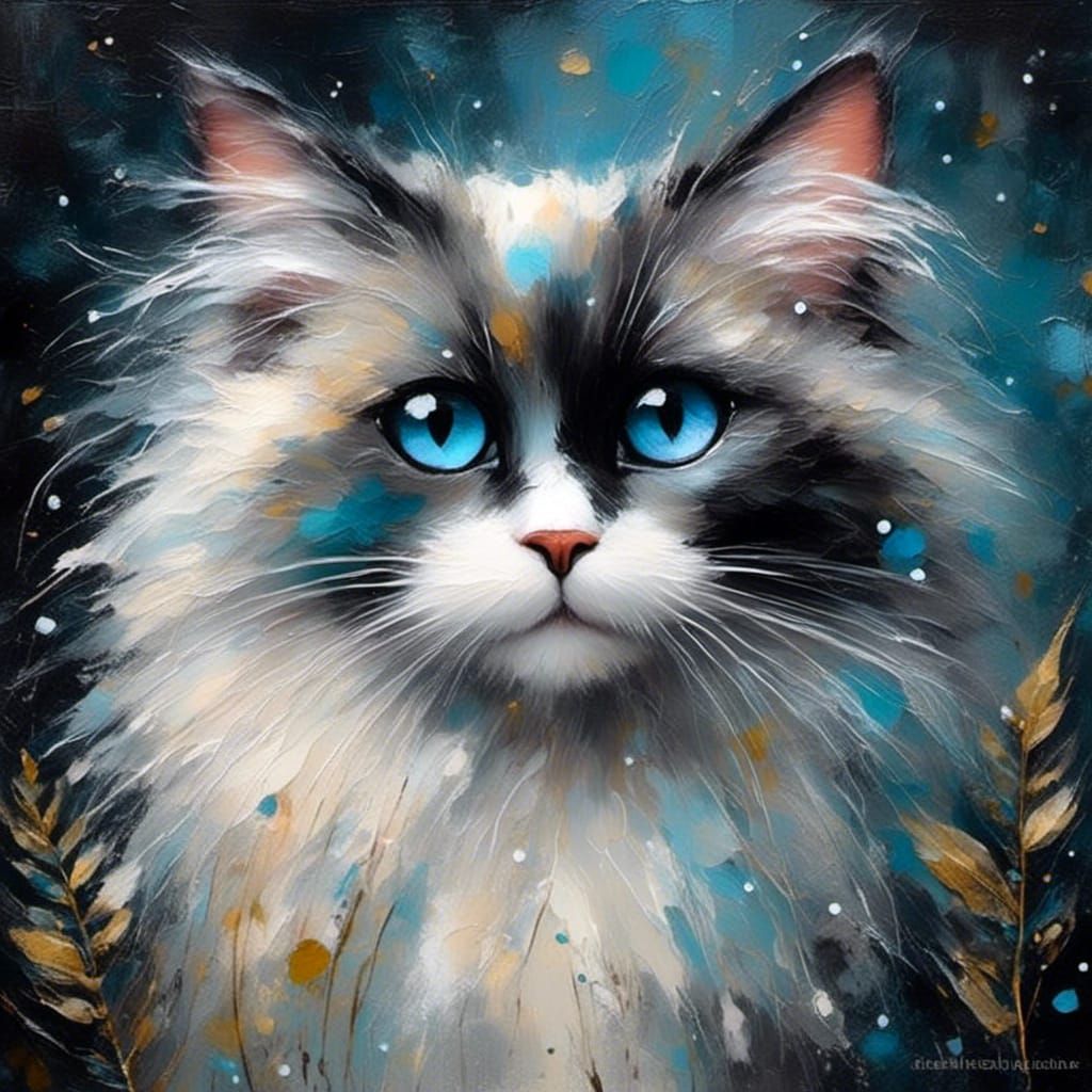 Whimsical Oil Painting of Ragdoll Cat Portrait