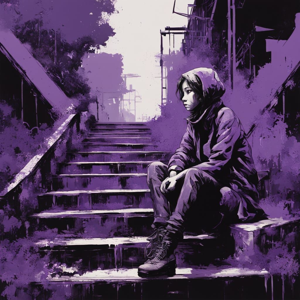 Melancholic Girl in Purple Dystopian Park