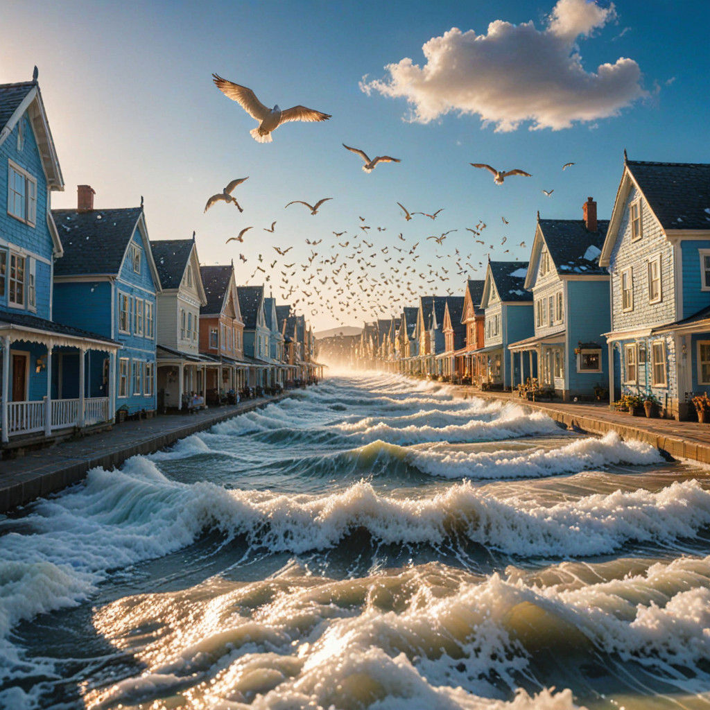 Whimsical Beach Scene with Flying Horses and Macaroni Rain