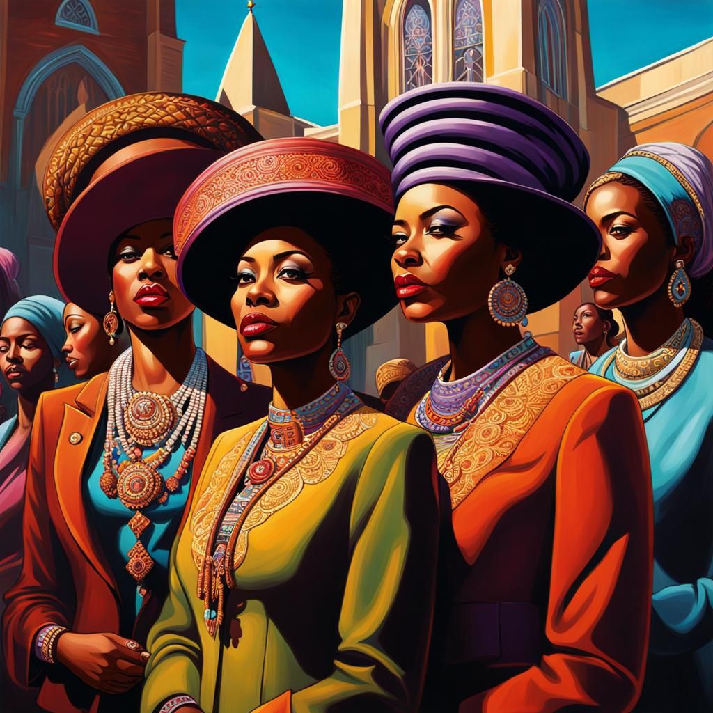 African American Women in Church Outfits: Digital Painting