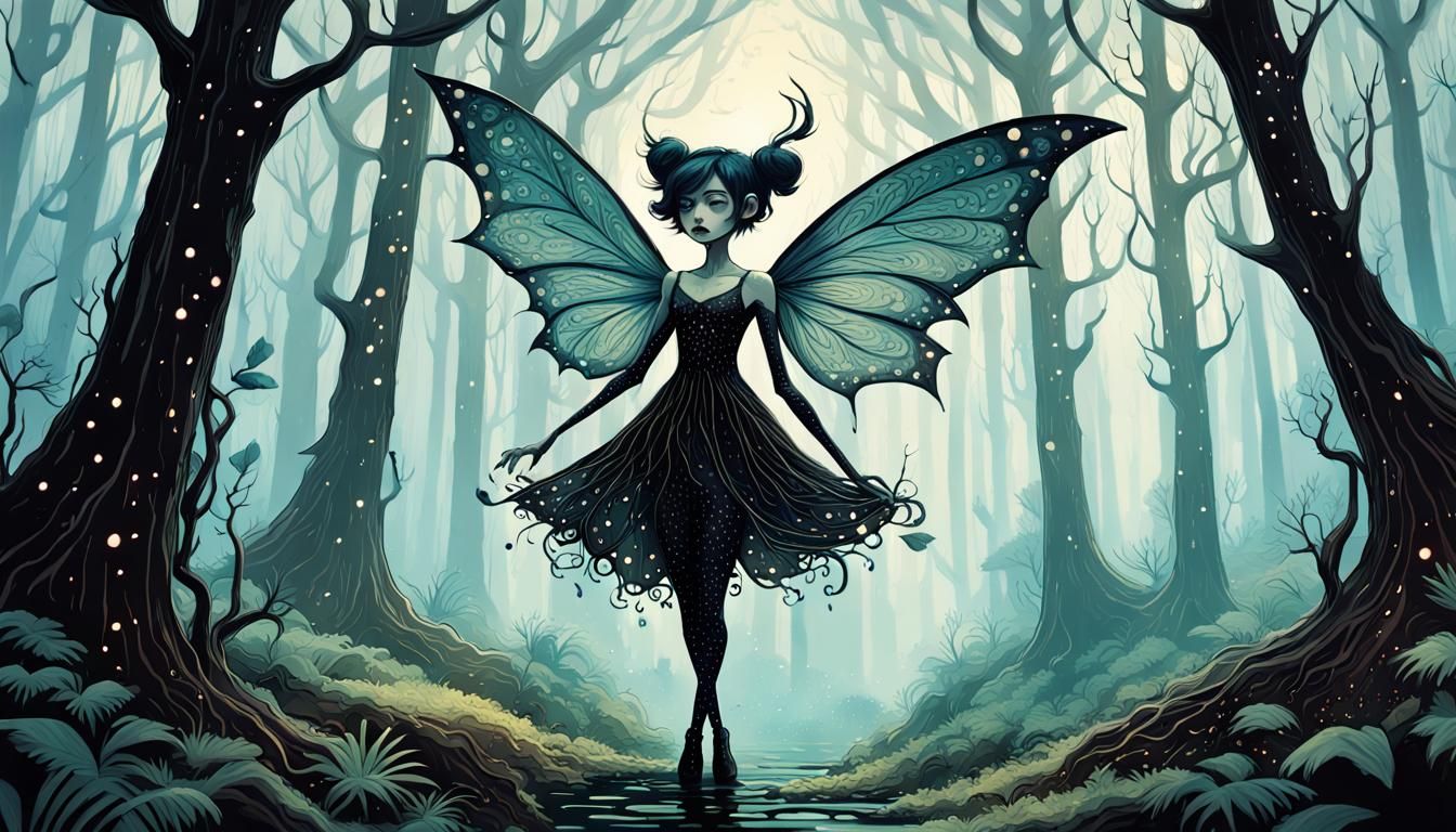 Gothic Pixie in Forest: Acrylic Paint Pour Style