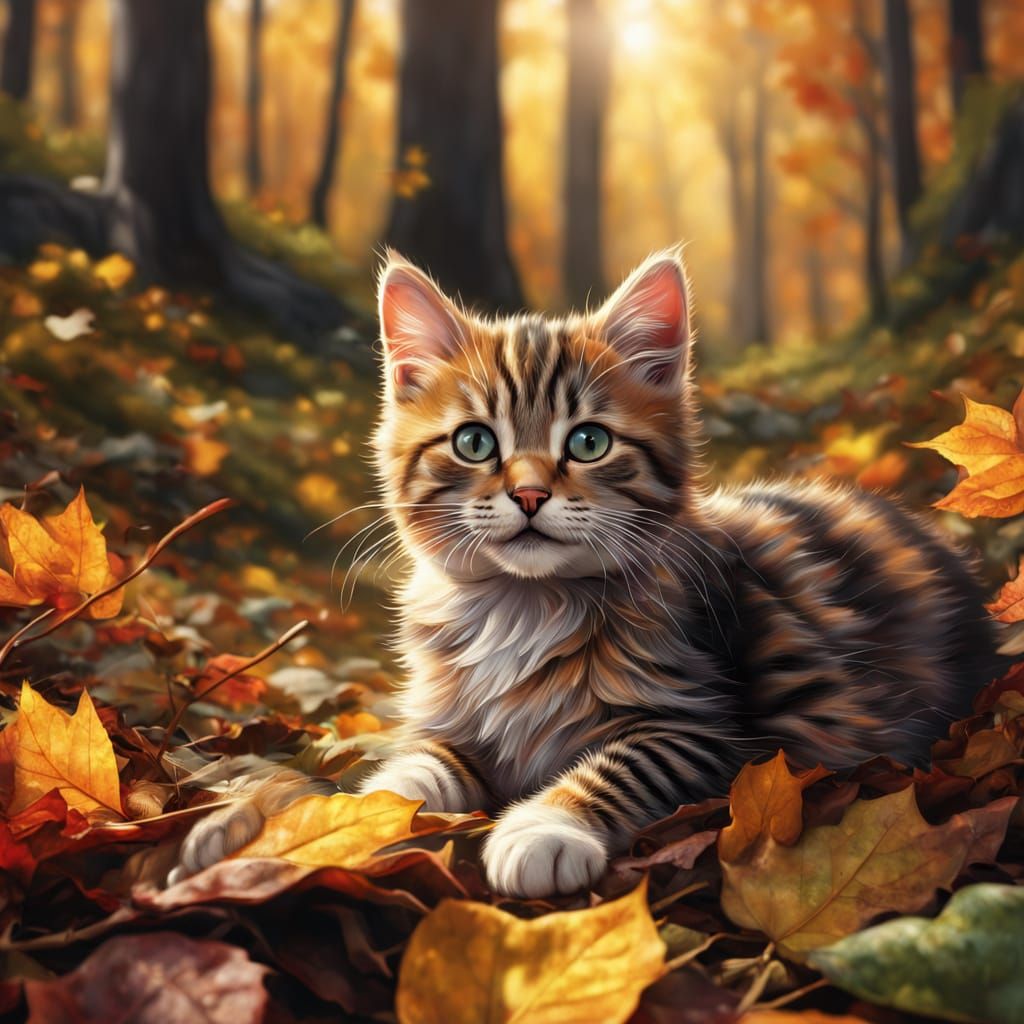 Adorable Kitten Plays in Autumn Leaves