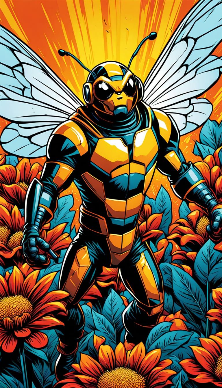 Vibrant Comic Book Bee in Mid-Flight Over a Giant Flower