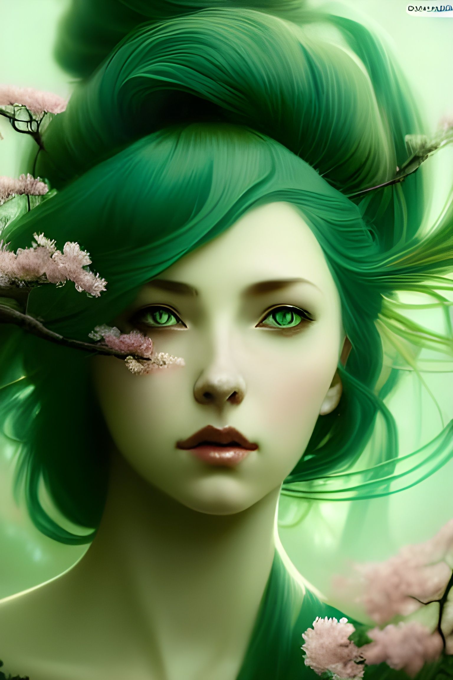Green-Haired Woman with Sakura Flowers, Detailed Portrait