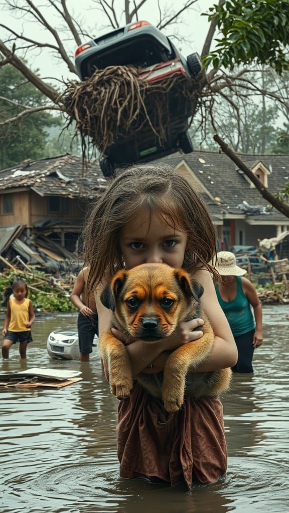 Storm Aftermath: Girl and Dog in Floodwaters