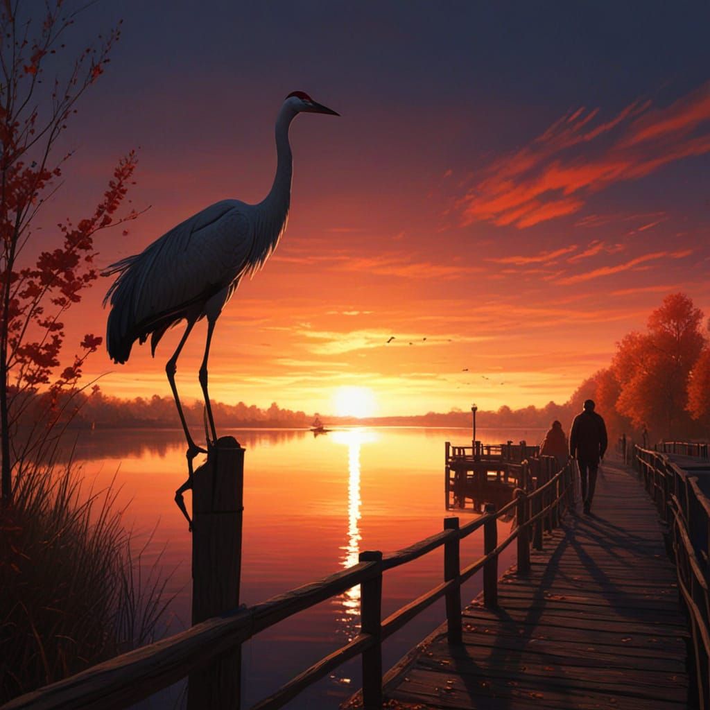 Romantic Autumn Evening: Crane and Couple in Oil Painting