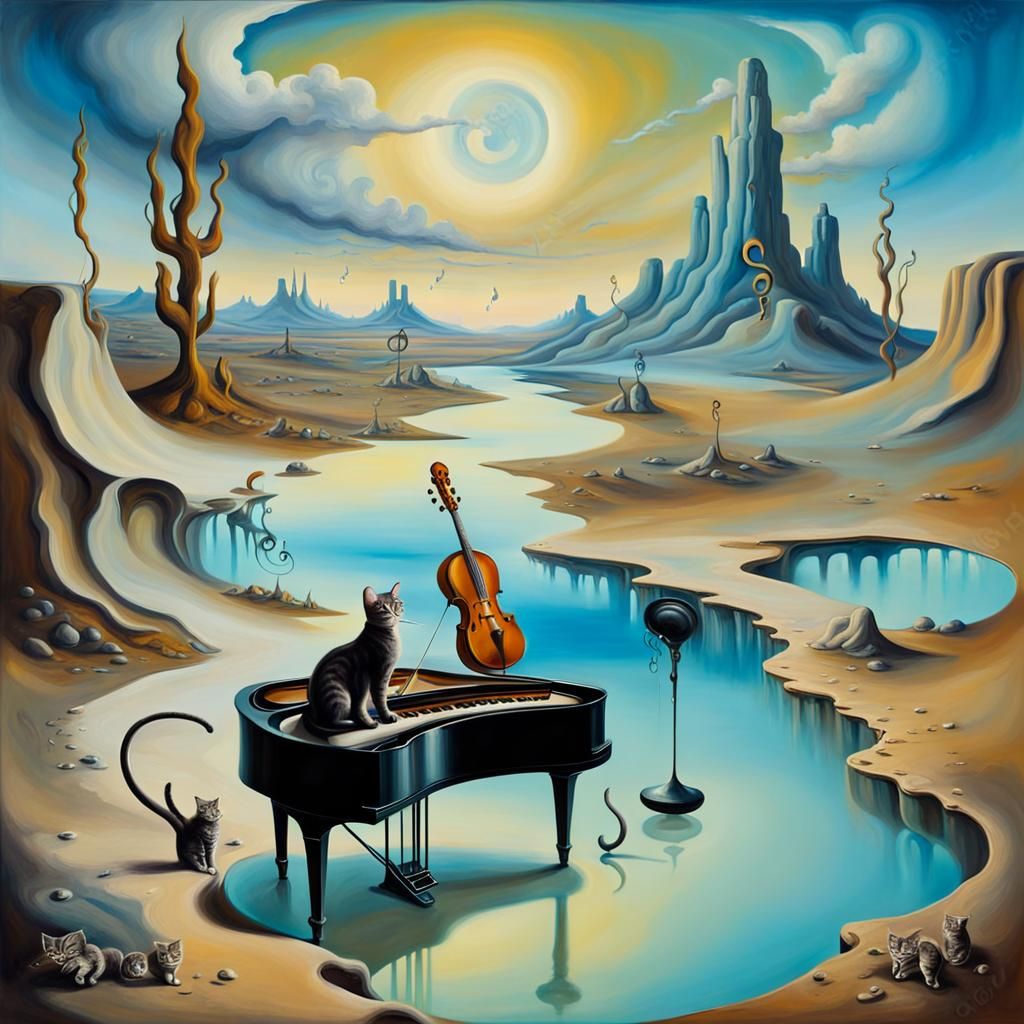 Surreal Landscape with Musical Cat in Dali Style