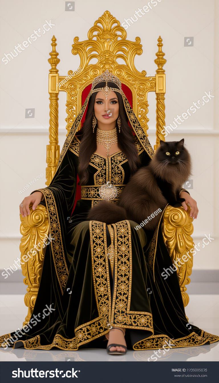Arab Queen on Golden Throne with Black Cat