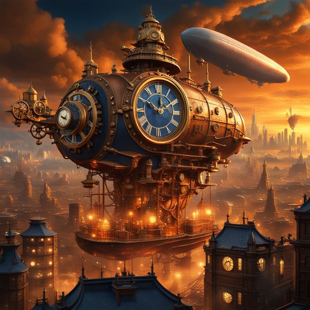 Steampunk Tokyo Cityscape with Airships, Vintage Postcard