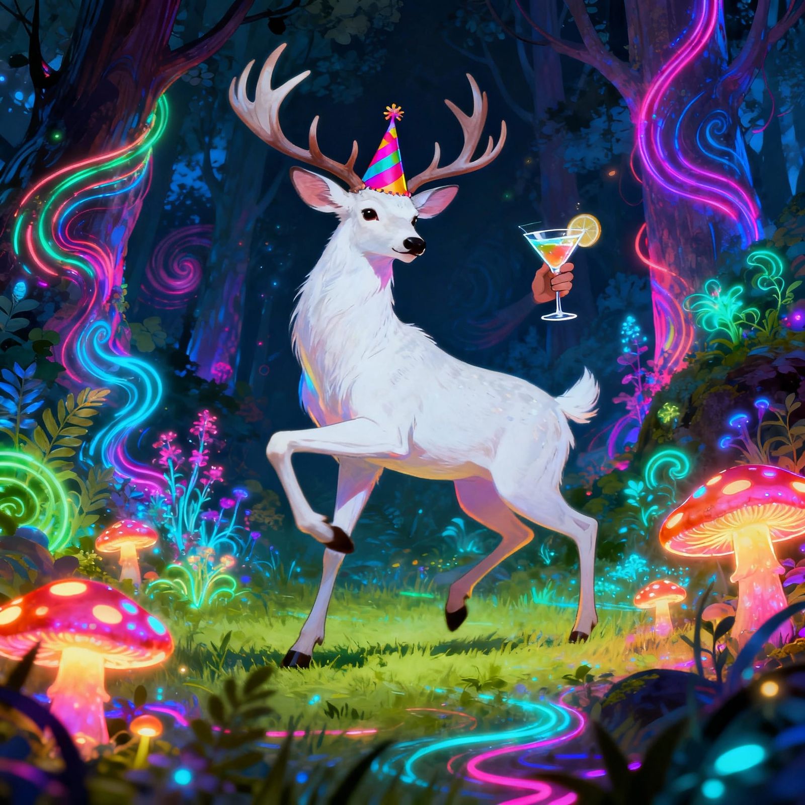 Dancing Deer in Neon Forest Party