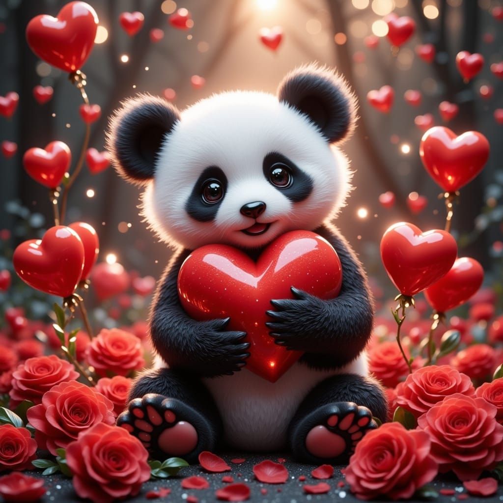 Cute Baby Panda with Red Heart and Roses