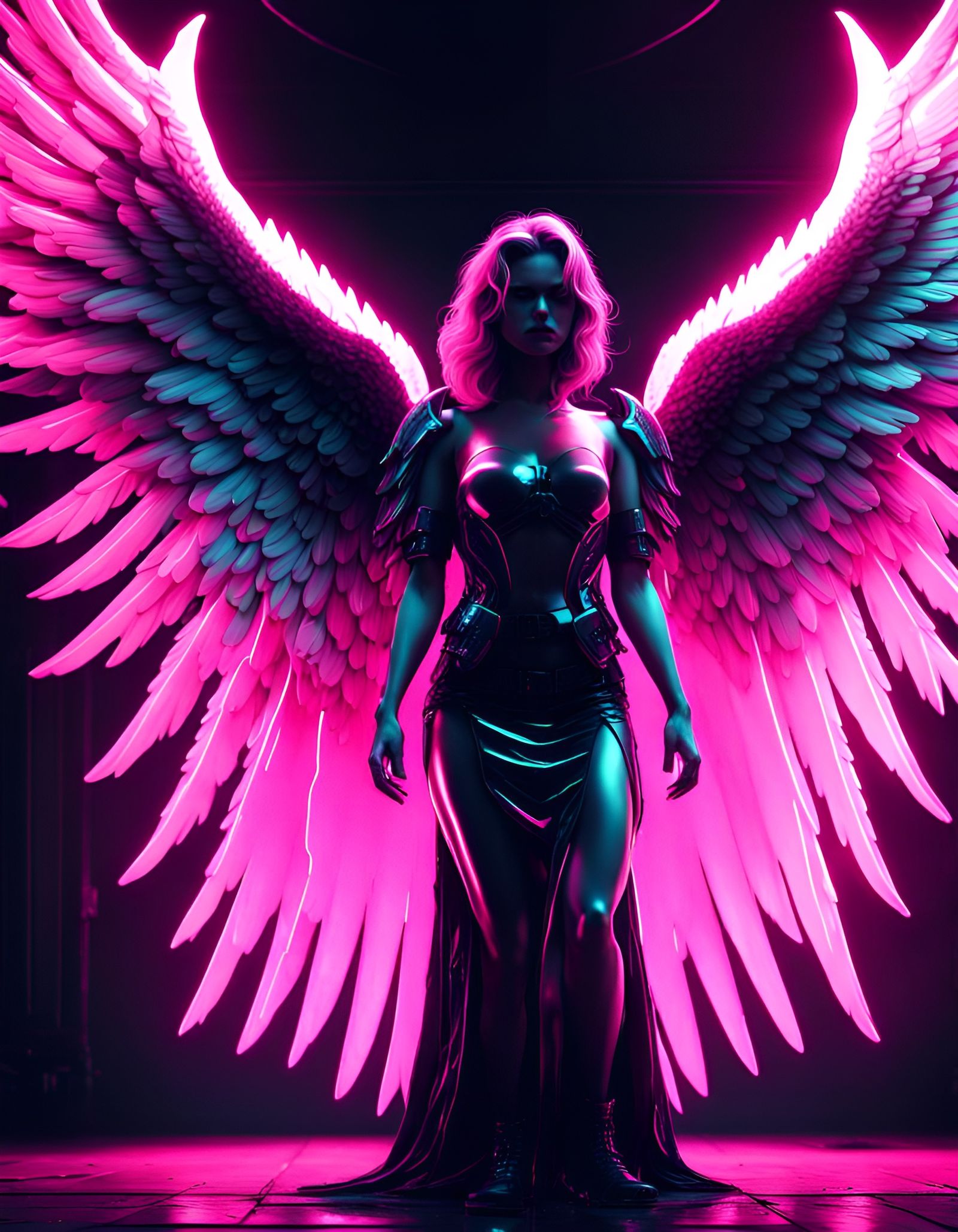 Fallen Angel and Woman hybrid, Black and White Angel, Death Armor, Synthwave lighting, Neon Pink Wing lights, 4k resolut...