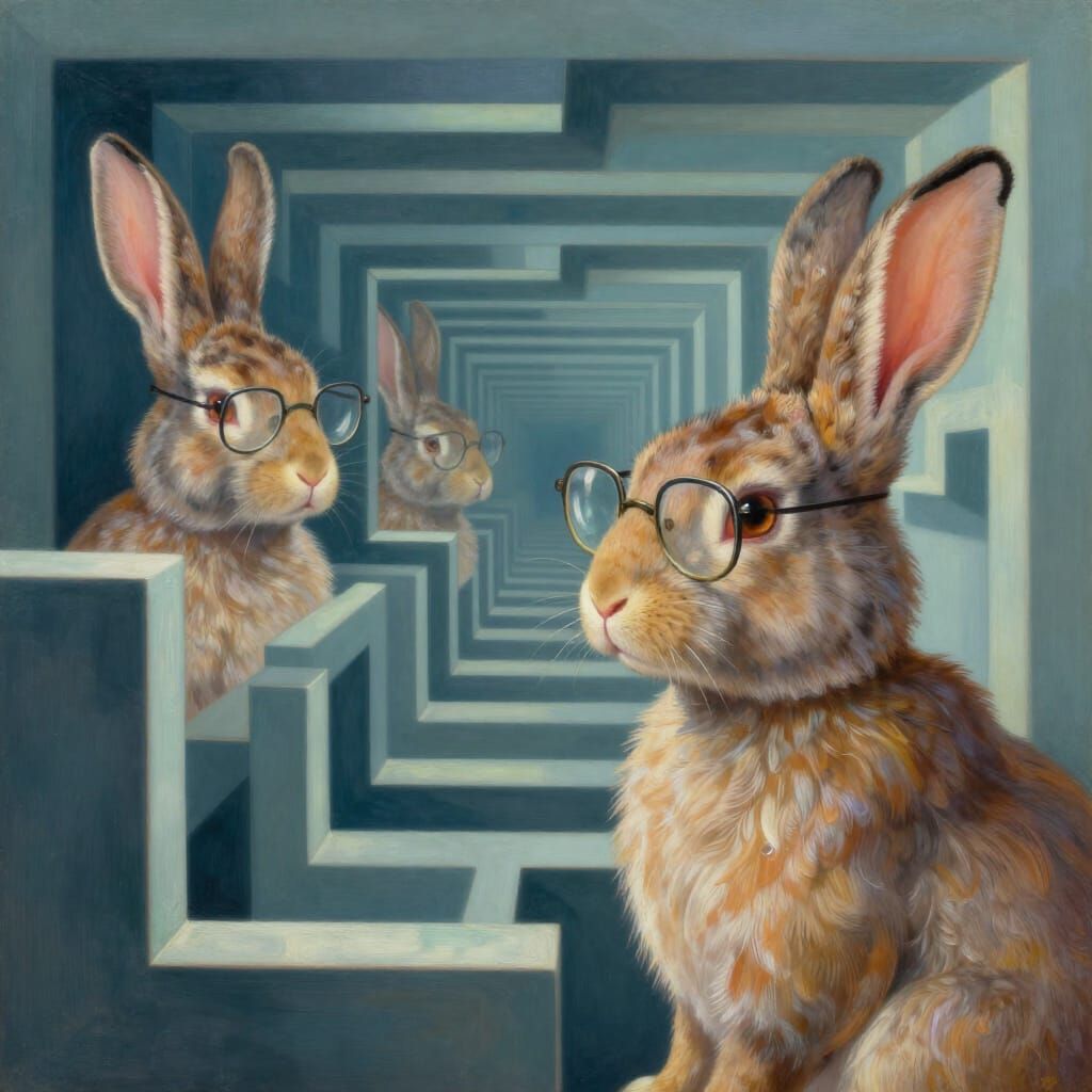 Surrealist Rabbit Contemplates Mirrored Labyrinth