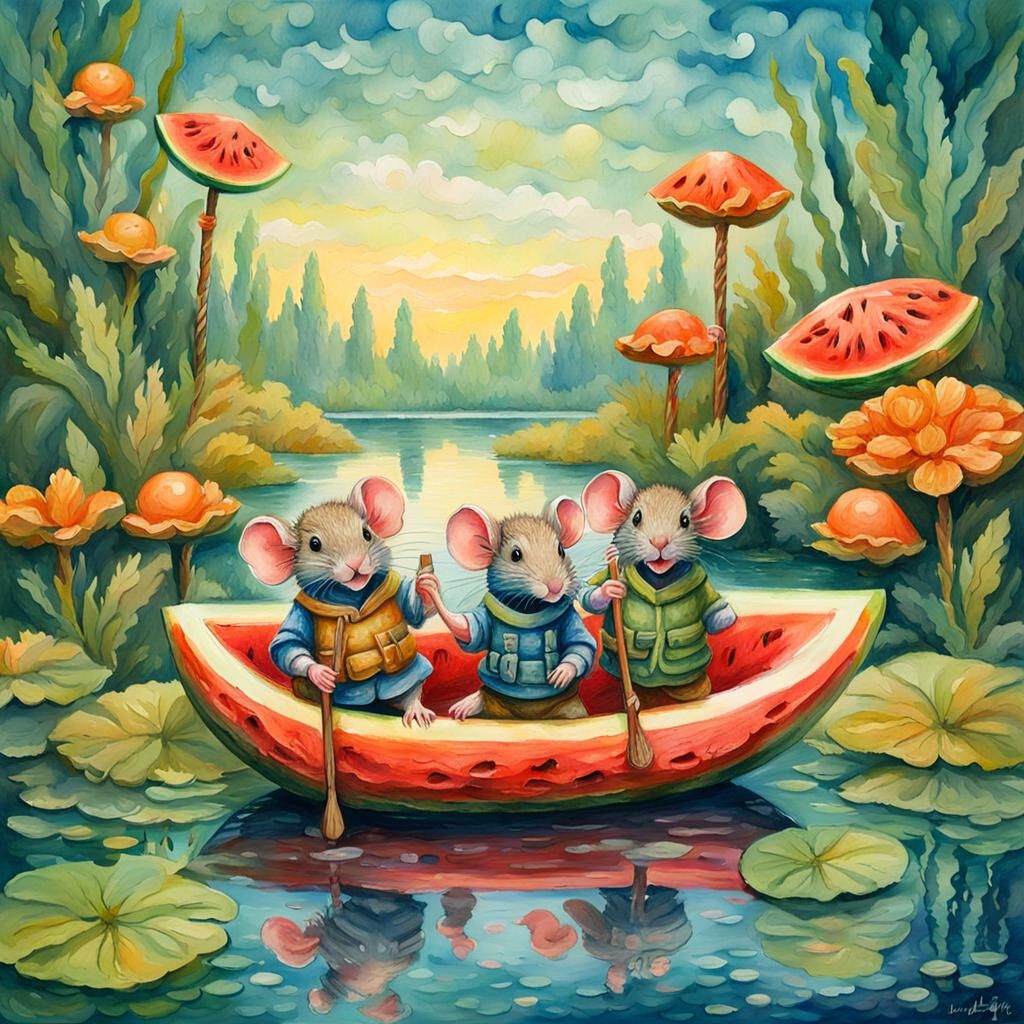 Mice Sail Watermelon Boat: Impressionist Gouache Painting